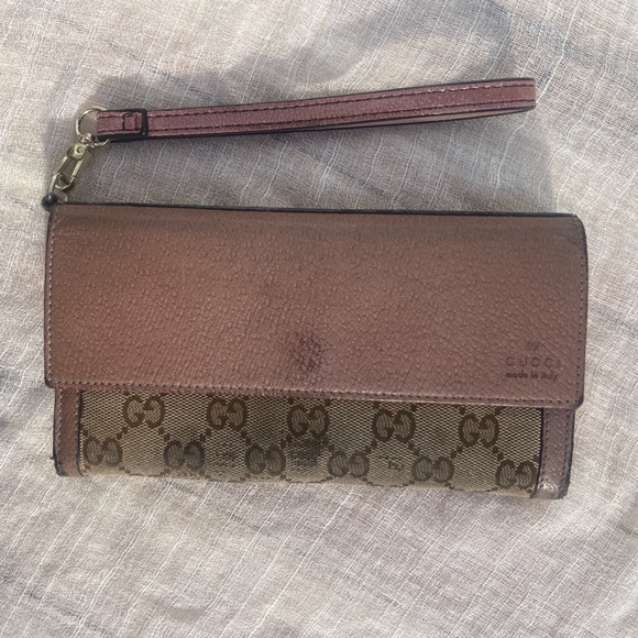 Gucci leather canvas wristlet wallet rare pink monogram bag clutch vintage - Picture 10 of 17